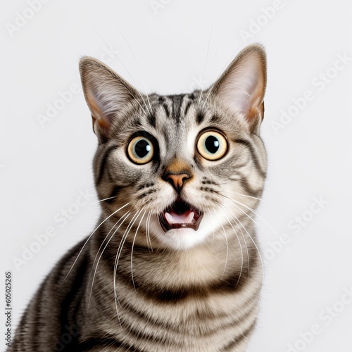 Portrait of a cat with a surprised expression wide open eyes and mouth looking ahead on isolated solid background generative ai