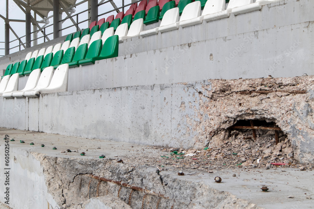 War in Ukraine. Exploded football stadium as a result of rocket attack