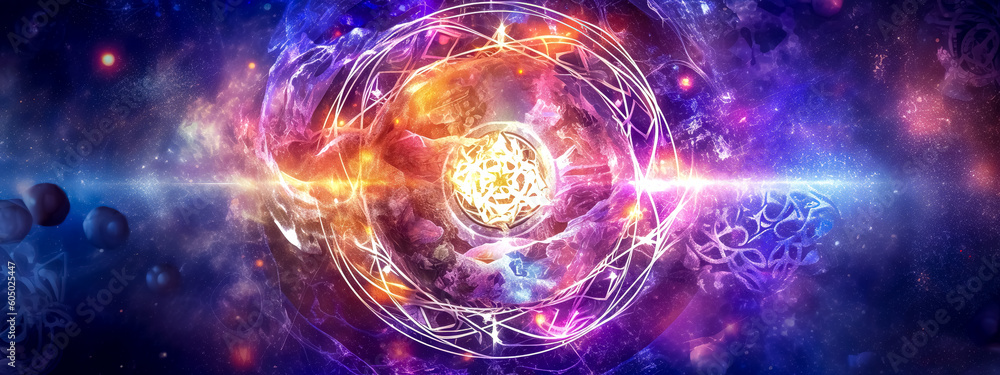 mystic sun in universe, magic abstract esoterica banner, made with Generative AI mystic sun in universe, magic abstract esoterica banner, made with Generative AI