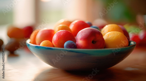 Vase with fresh fruits stands on a wooden table against a blurred background, creating a favorable atmosphere. Generative AI