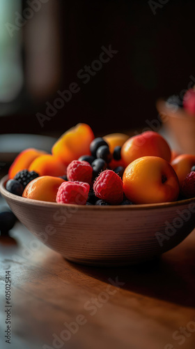 Vase with fresh fruits stands on a wooden table against a blurred background  creating a favorable atmosphere. Generative AI