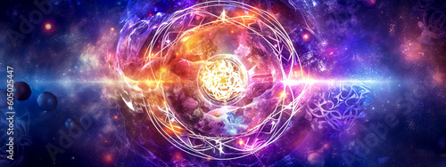 mystic sun in universe, magic abstract esoterica banner, made with Generative AI