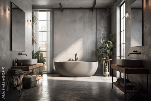 Interior of a concrete bathroom with a concrete floor  white walls  a mirror  a gray tub  and a sink. Poster. simulated toned image. Generative AI