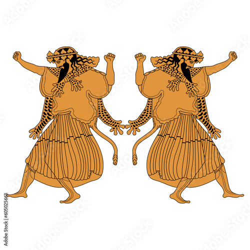 Symmetrical ethnic design with two dancing ancient Greek men. God of wine Dionysus or Bacchus. Vase painting style. Isolated vector illustration.