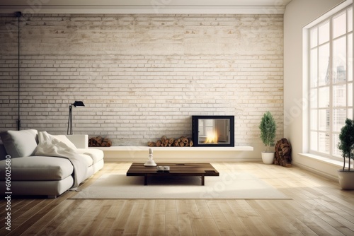 Interior of a living room made of white brick, with a wooden floor, big windows, a fireplace, and a sofa next to a coffee table. simulated toned image. Generative AI