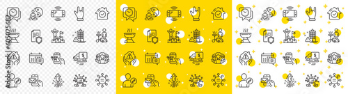 Outline Yoga, Building warning and Cash transit line icons pack for web with Fireworks, Education, Horns hand line icon. Messenger mail, Data security, Teamwork pictogram icon. Vector