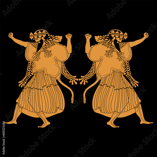 Symmetrical ethnic design with two dancing ancient Greek men. God of wine Dionysus or Bacchus. Vase painting style. On black background.