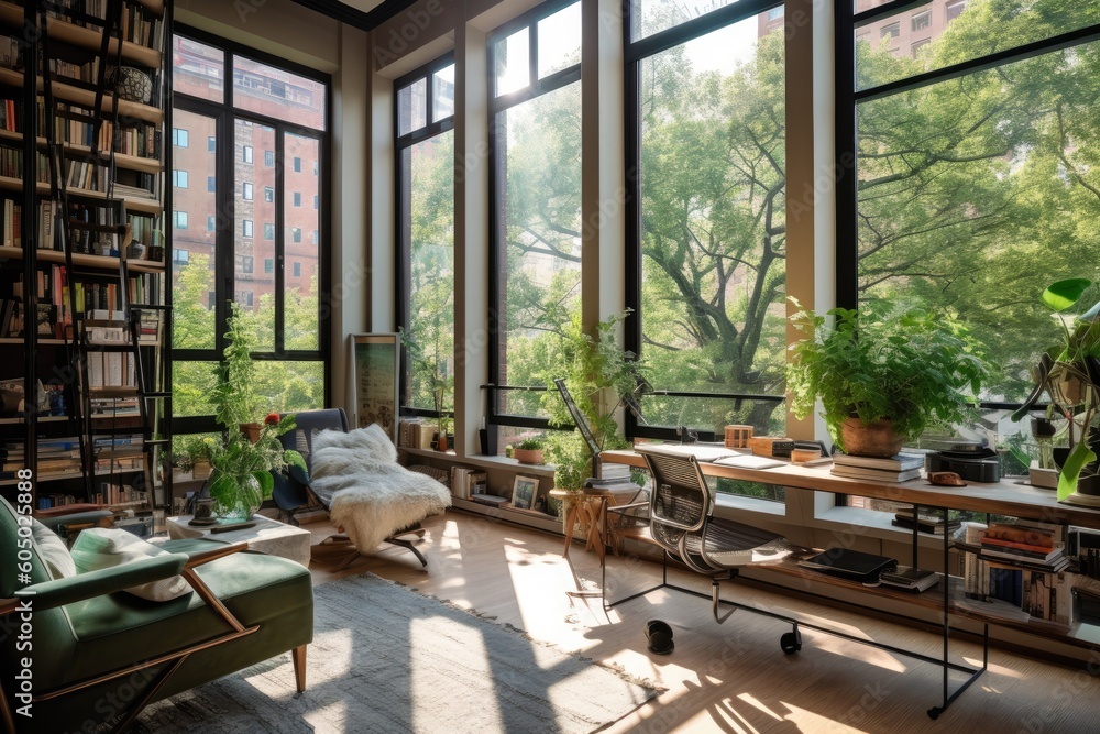 glass window wall view nature theme |,living room with nature behind glass windows ,modern nature themed living room ,fantastic view office room generative AI glass window wall view nature theme |,living room with nature behind glass windows ,modern nature themed living room ,fantastic view office room generative AI