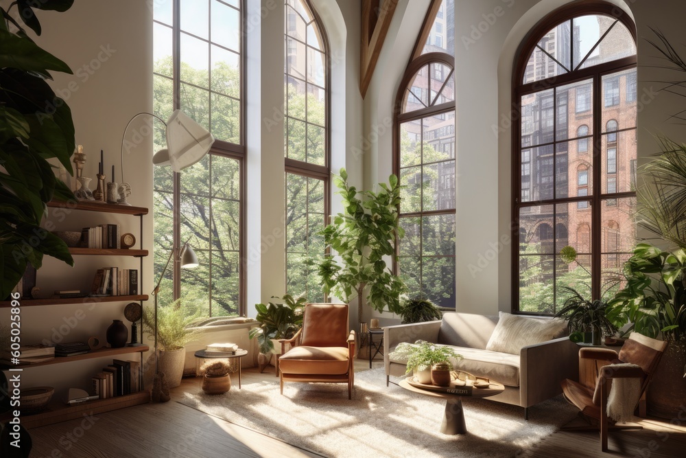 glass window wall view nature theme |,living room with nature behind glass windows ,modern nature themed living room ,fantastic view office room generative AI