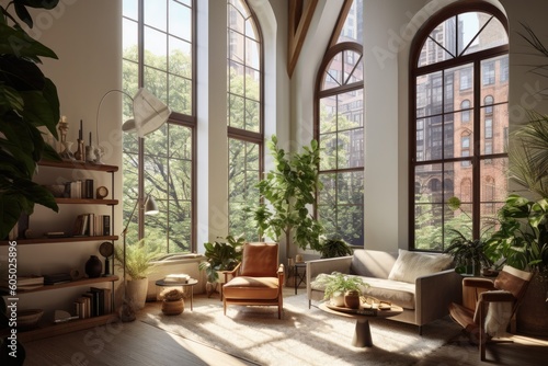  glass window wall view nature theme |,living room with nature behind glass windows ,modern nature themed living room ,fantastic view office room generative AI