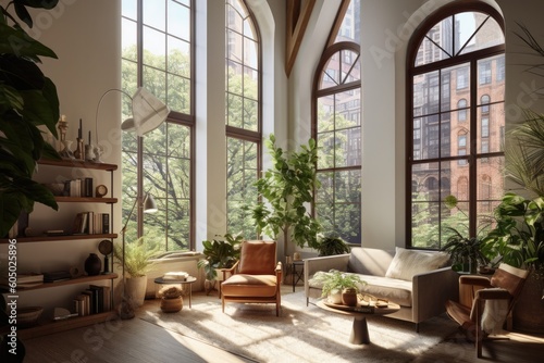  glass window wall view nature theme   living room with nature behind glass windows  modern nature themed living room  fantastic view office room generative AI