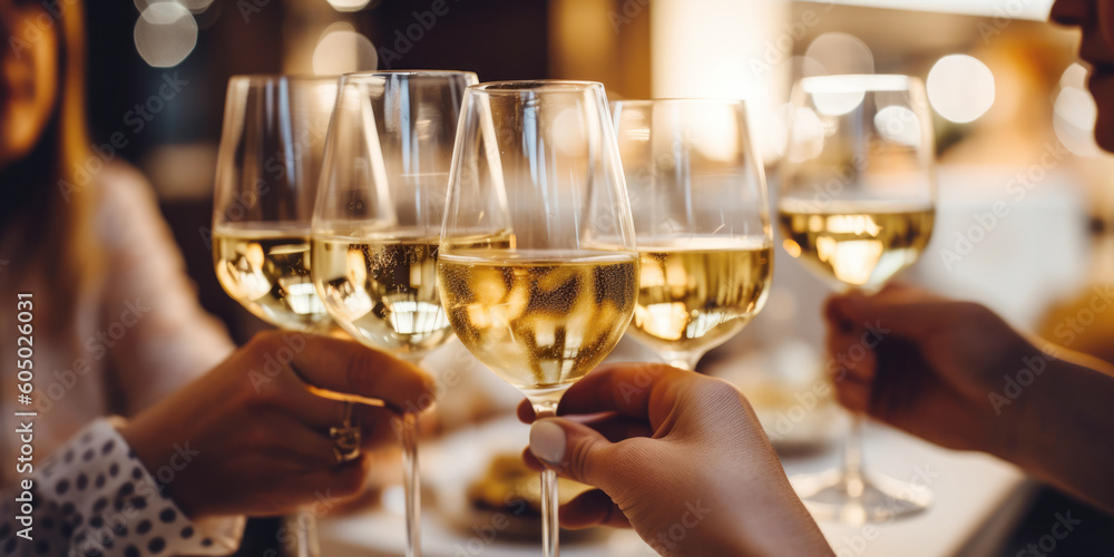 Close up of group of friends toasting with glasses of white wine at restaurant Close up of group of friends toasting with glasses of white wine at restaurant