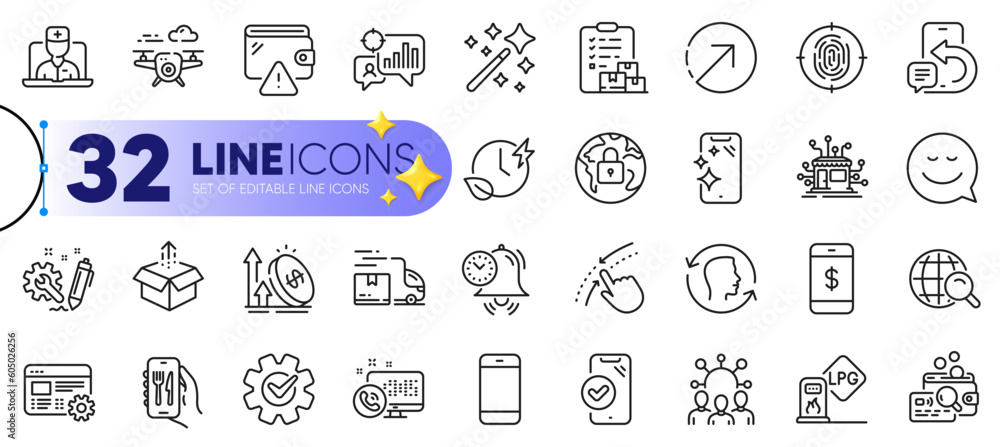 Outline set of Drone, Time management and Distribution line icons for web with Swipe up, Excise duty, Smartphone clean thin icon. Telemedicine, Squad, Lock pictogram icon. Face id. Vector