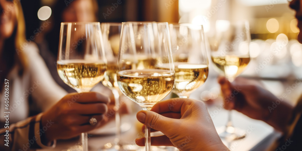 Close up of group of friends toasting with glasses of white wine at restaurant Close up of group of friends toasting with glasses of white wine at restaurant