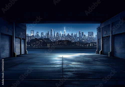 an empty asphalt garage at night with a city skyline