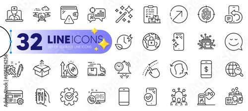 Outline set of Drone, Time management and Distribution line icons for web with Swipe up, Excise duty, Smartphone clean thin icon. Telemedicine, Squad, Lock pictogram icon. Face id. Vector