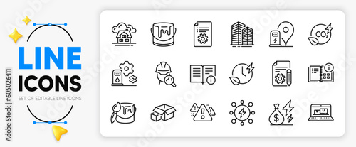 Power, Co2 gas and Web inventory line icons set for app include Charging time, Skyscraper buildings, Warning outline thin icon. Electricity price, Charging station. Yellow 3d stars with cursor. Vector