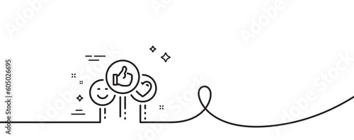 Social media like line icon. Continuous one line with curl. Thumbs up sign. Positive smile and heart feedback symbol. Like single outline ribbon. Loop curve pattern. Vector