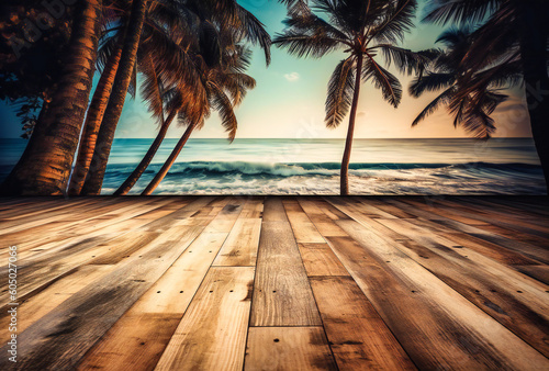 wood floor on beach with palm trees