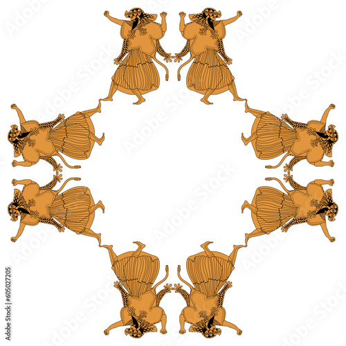 Geometrical ethnic frame with dancing ancient Greek men. God of wine Dionysus or Bacchus. Vase painting style. Isolated vector illustration.