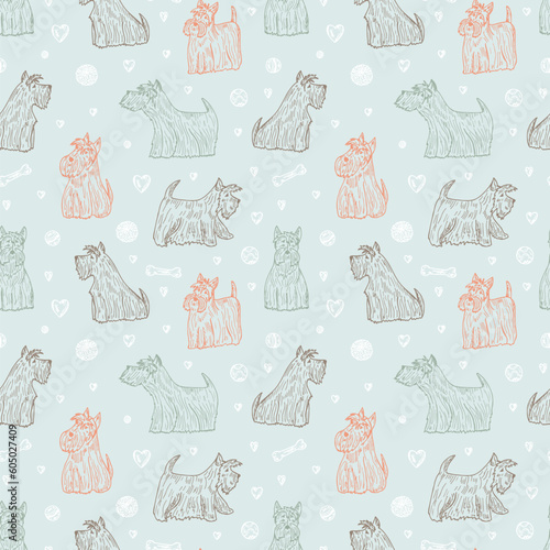 Dog Vector Seamless pattern. Hand Drawn Doodle Scottish Terriers. Pets. Dogs. Scottish Terrier