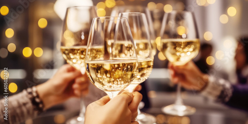 Close up of group of friends toasting with glasses of white wine at restaurant