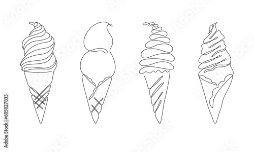 Collection of Ice cream continuous Line. Doodle one line illustration of ice-cream. mMnimalist Summer linear background