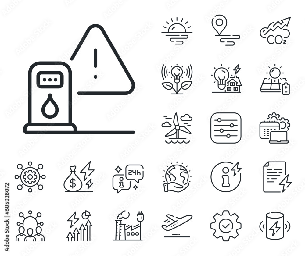 Filling gas station sign. Energy, Co2 exhaust and solar panel outline icons. Petrol station line icon. Diesel fuel symbol. Petrol station line sign. Eco electric or wind power icon. Vector Filling gas station sign. Energy, Co2 exhaust and solar panel outline icons. Petrol station line icon. Diesel fuel symbol. Petrol station line sign. Eco electric or wind power icon. Vector