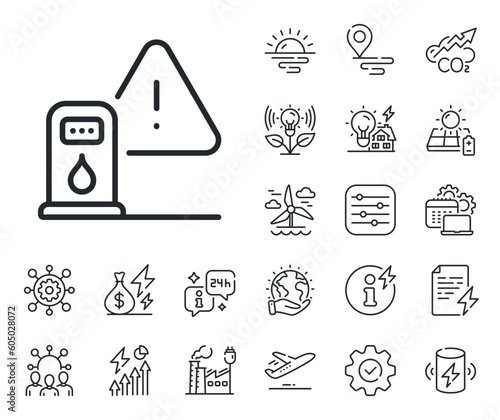 Filling gas station sign. Energy, Co2 exhaust and solar panel outline icons. Petrol station line icon. Diesel fuel symbol. Petrol station line sign. Eco electric or wind power icon. Vector