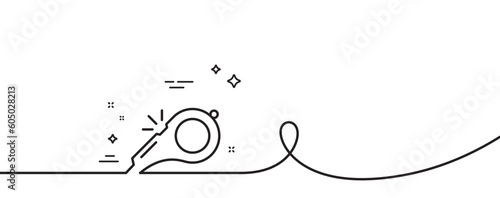 Whistle line icon. Continuous one line with curl. Kick-off sign. Referee tool symbol. Whistle single outline ribbon. Loop curve pattern. Vector