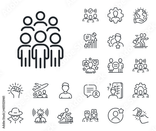 Business conference sign. Specialist, doctor and job competition outline icons. Group people line icon. Team meeting symbol. Group people line sign. Avatar placeholder, spy headshot icon. Vector