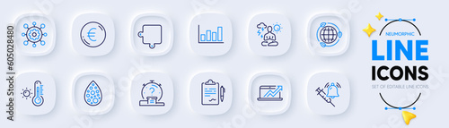 Sales diagram, Vaccine announcement and Puzzle line icons for web app. Pack of Euro money, Yoga, Framework pictogram icons. Report diagram, Eco energy, Artificial colors signs. Clipboard. Vector