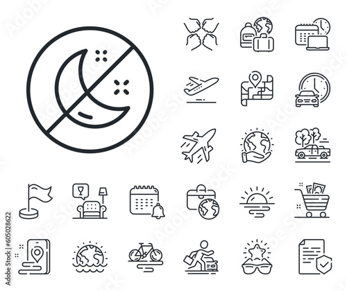 No sleep sign. Plane jet, travel map and baggage claim outline icons. Insomnia line icon. Night sleeplessness symbol. Insomnia line sign. Car rental, taxi transport icon. Place location. Vector