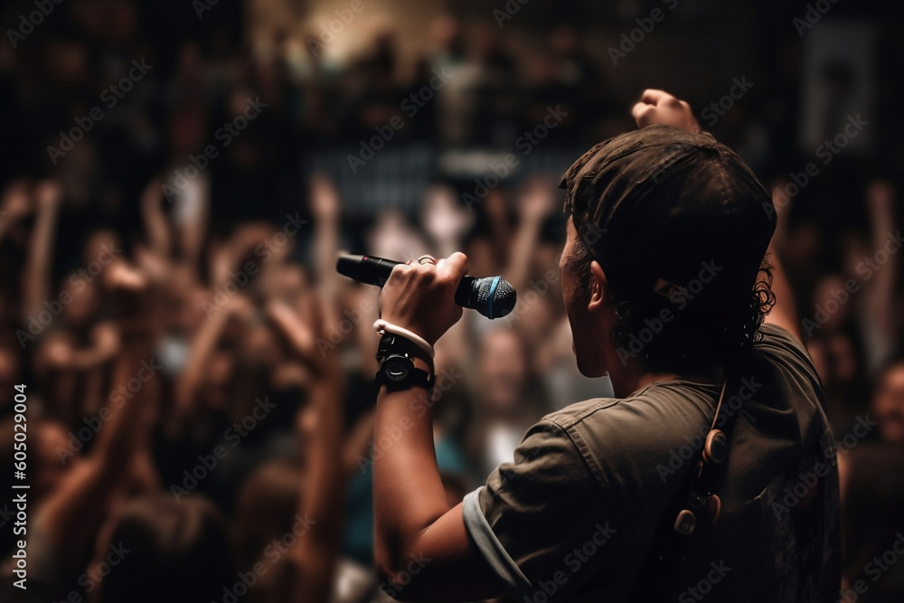 Speaker giving emotional speech talk in conference hall at event. Enthusiastic Performer on stage back view shouting in microphone while audience is supporting and listening. Motivation. Generative AI Speaker giving emotional speech talk in conference hall at event. Enthusiastic Performer on stage back view shouting in microphone while audience is supporting and listening. Motivation. Generative AI