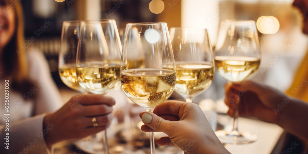 Close up of group of friends toasting with glasses of white wine at restaurant Close up of group of friends toasting with glasses of white wine at restaurant