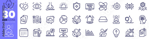 Web tutorials, Waterproof and Iron line icons pack. Reminder, Yoga, Bitcoin system web icon. Swipe up, Job interview, Medical pills pictogram. Vitamin k, Timer, Fake review. Music. Vector