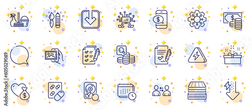 Outline set of Lightning bolt, Energy drops and Coins banknote line icons for web app. Include Communication, Calendar, Load document pictogram icons. Household service, Survey checklist. Vector