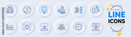Dot plot, Money currency and Air balloon line icons for web app. Pack of Interview job, Eye detect, Fake review pictogram icons. Group people, Dollar money, Team work signs. Time change. Vector