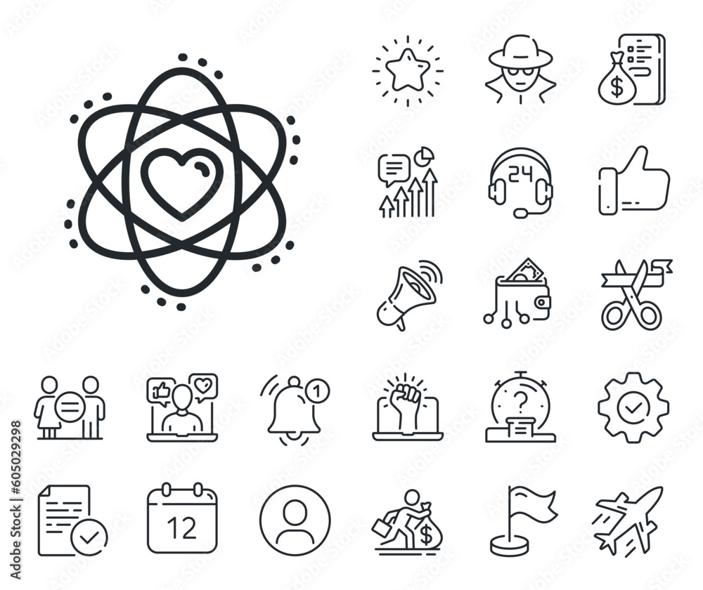 Fototapeta premium Energy sign. Salaryman, gender equality and alert bell outline icons. Atom with heart line icon. Chemical element symbol. Atom line sign. Spy or profile placeholder icon. Vector
