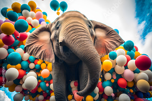 Elephant flies in the sky above the clouds suspended by multi-colored balloons. Generative AI.