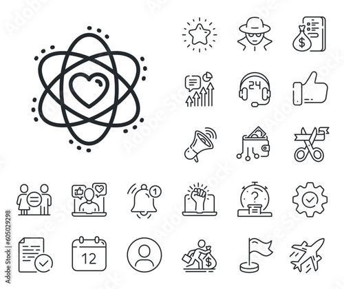Energy sign. Salaryman, gender equality and alert bell outline icons. Atom with heart line icon. Chemical element symbol. Atom line sign. Spy or profile placeholder icon. Vector