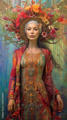 Shaman goddess woman in nature, woman in beautiful robes stands in nature and is linked to nature. Esoteric concept. Generative AI.