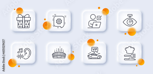 Eye laser, Online voting and Gift box line icons pack. 3d glass buttons with blurred circles. Arena stadium, Hearing, Cogwheel web icon. Vip transfer, Food pictogram. For web app, printing. Vector