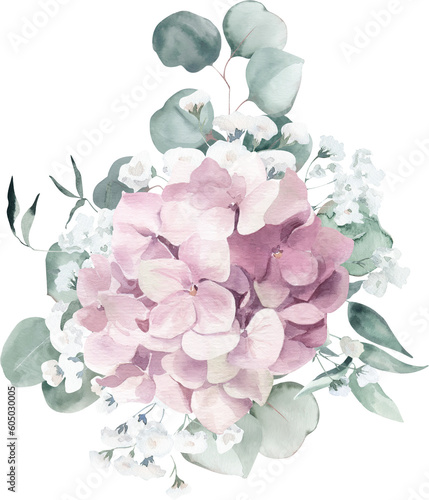 Watercolor Bouquet with Hydrangea and Gypsophila on Transparent Background