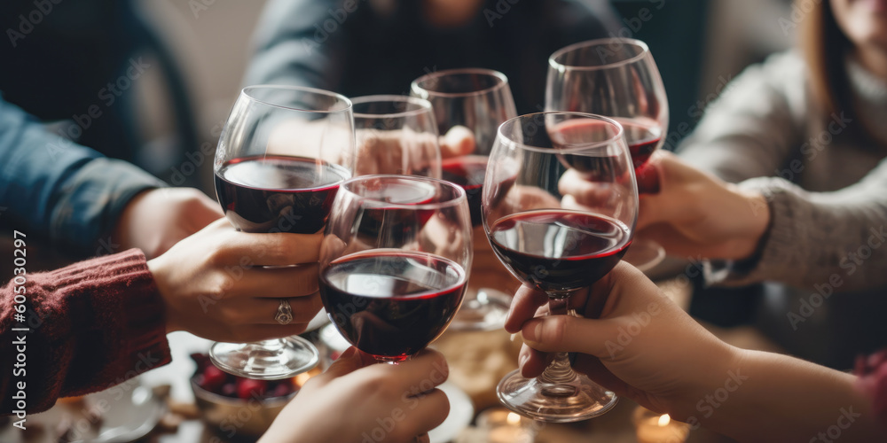 Close up of group of friends toasting with glasses of red wine at restaurant Close up of group of friends toasting with glasses of red wine at restaurant