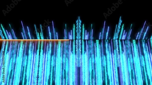Modern wall scifi animation of nen lights beam path with glowing energy flow. Cyber data traveling in black background photo