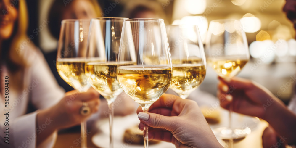  Close up of group of friends toasting with glasses of white wine at restaurant