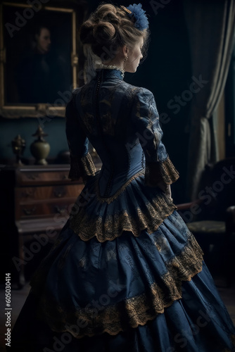 Rear view of woman in Victorian era clothes. Generative AI