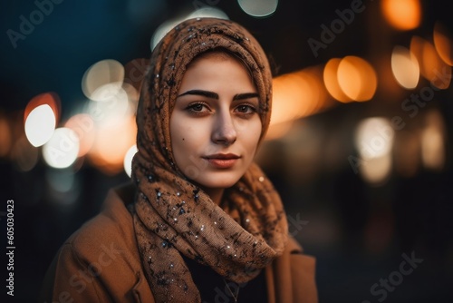 Portrait of woman wearing head covering, with city night lights on the background. Generative AI