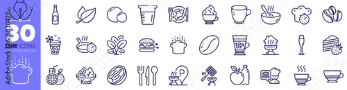 Cooking beaker, Bombon coffee and Frying pan line icons pack. Spinach, Coffee beans, Apple web icon. Food delivery, Grill basket, Frappe pictogram. Champagne glass, Food, Cappuccino cream. Vector
